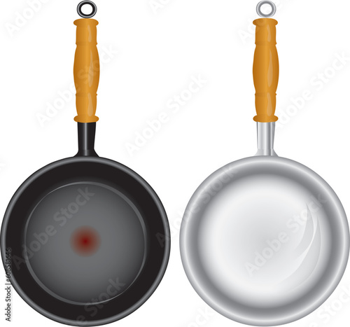Steel and Teflon pans with a wooden handle. Vector illustration.