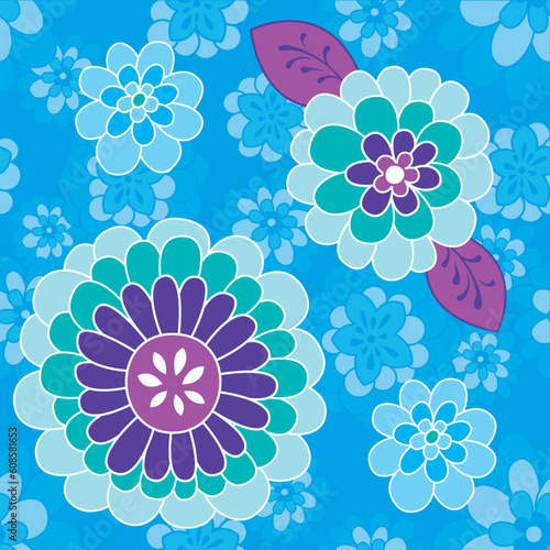 Funny small and large floral on blue background. Vintage inspired blue, green and purple flowers. Ideal for fabric | Vector illustration