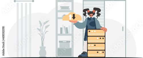 Synchronization and security of information capacity concept. The energetic lady is holding a information cloud and a server. Trendy style, Vector Illustration