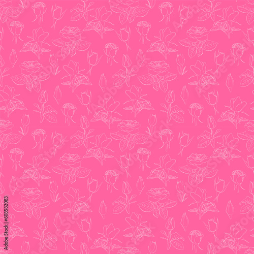 A set of seamless background with roses. Line drawing and white contour. Lines have different widths. vector graphics, 1000x1000.