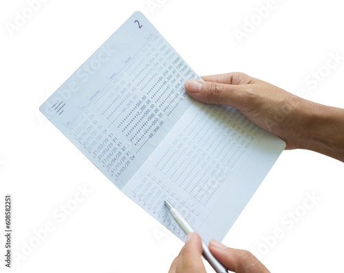Schilderij op canvas Bank Book Account Passbook Statement Number Money,Hand Woman Check Pay and Incom