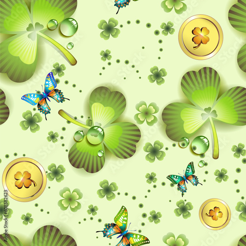 Seamless pattern with clover and coins for St. Patrick s Day