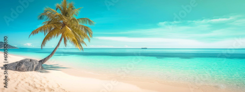 Panoramic image of a tropical beach with one palm tree on the seashore. Turquoise ocean wave, sunny day with white clouds, golden sand, rest, vacation, travel, paradise nature. Generative AI.