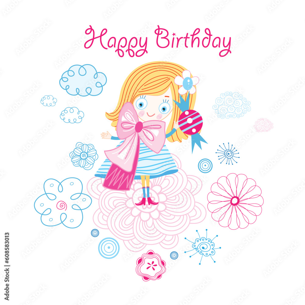 bright greeting card with a funny little girl in floral background bright greeting card with a funny little girl in floral background
