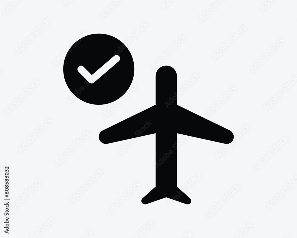 Confirmed Flight Icon. Airplane Status Good Approved Verified Tick Check Mark OK. Black Artwork Graphic Illustration Sign Symbol Clipart EPS Vector Confirmed Flight Icon. Airplane Status Good Approved Verified Tick Check Mark OK. Black Artwork Graphic Illustration Sign Symbol Clipart EPS Vector