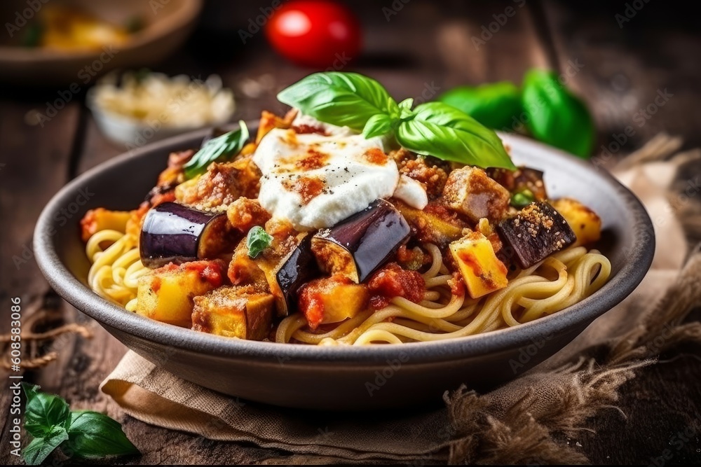 Pasta with meat tomato sauce and vegetables. Generative AI Pasta with meat tomato sauce and vegetables. Generative AI