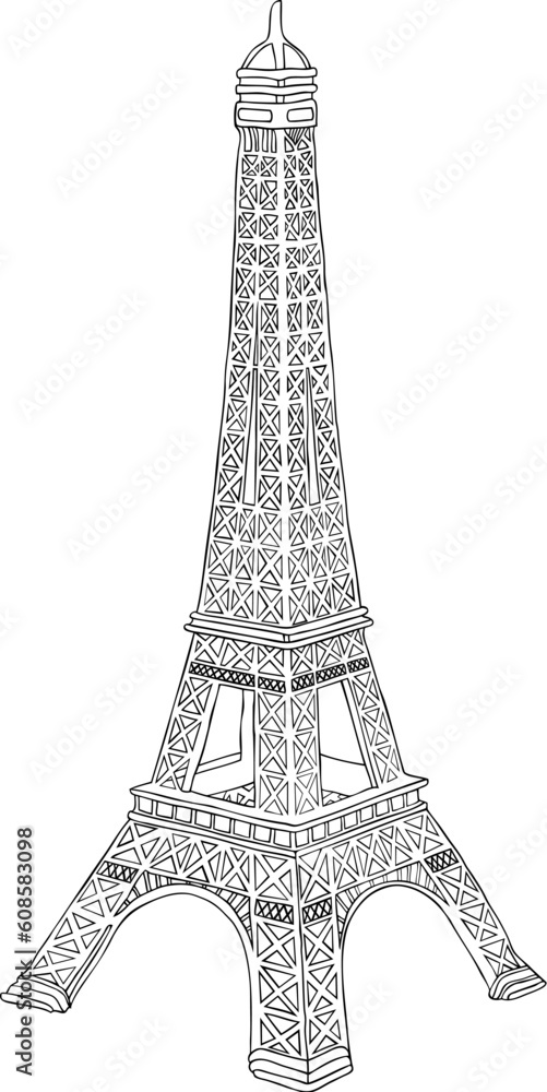 Hand drawn vector illustration of Eiffel tower in Paris, France