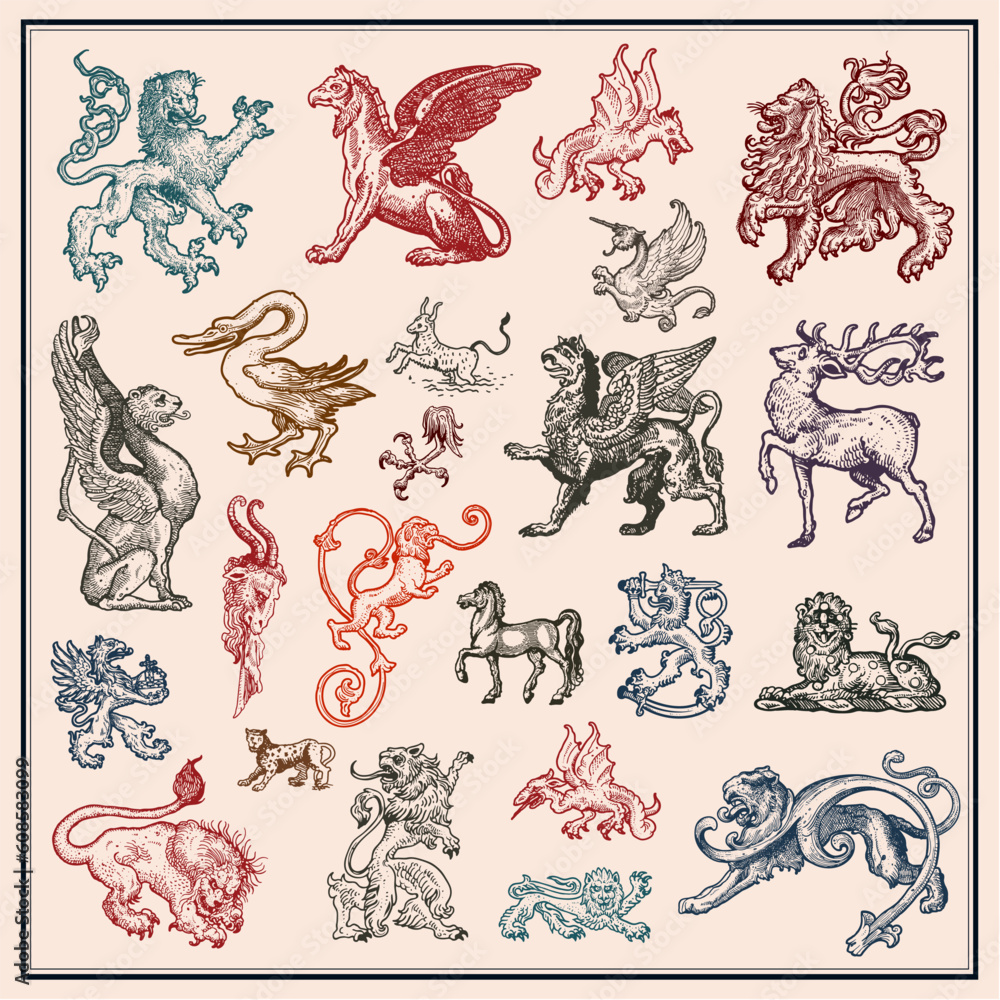 vector set of heraldic beasts isolated on light background vector set of heraldic beasts isolated on light background