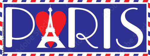 Designed in the style of a travel trunk sticker, with the bold letters "PARIS" in Parisian script. The Eiffel tower over a heart, makes up the "A" in Paris.