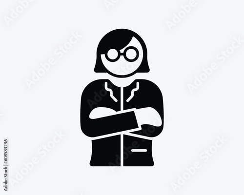 Female Boss Icon. Woman Girl Employer Manager Angry Worker Employee Arm Fold Crossed Sign Symbol Black Artwork Graphic Illustration Clipart EPS Vector