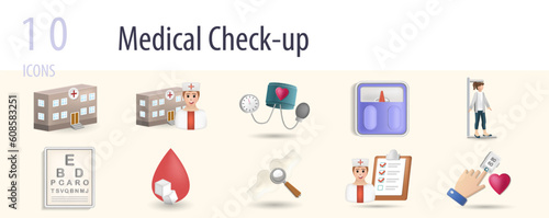 Medical check-up set. Creative icons: hospital, doctor, blood pressure, body weight, height, eye exam, blood sugar, bone density, physical examination, vital sign.