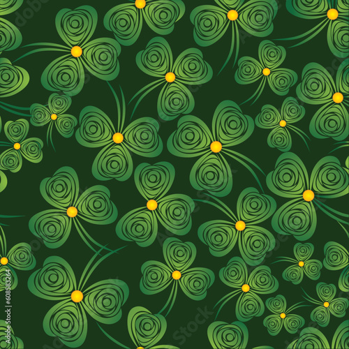 Seamless shamrock. Background clover vector. Green wallpaper. St. Patrick's Day. Irish illustration.