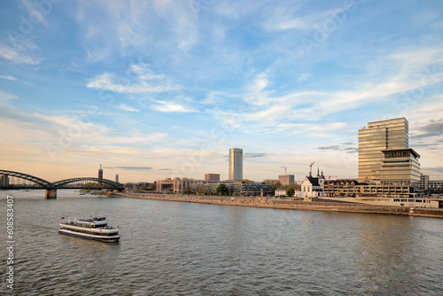 Panoramic view of the Rhine river as it passes through the city of Cologne in Germany.