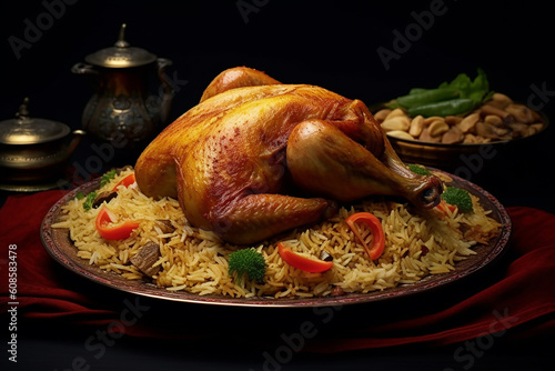 A bowl of chicken biryani with rice and vegetables. Generative AI photo