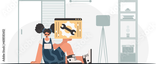 The enthusiastic woman is holding a browser window with gears. SEO and web analyzing point. Trendy style, Vector Illustration