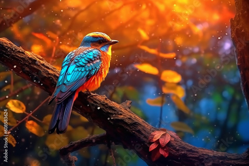 A colorful bird sits on a branch in the forest. Generative AI