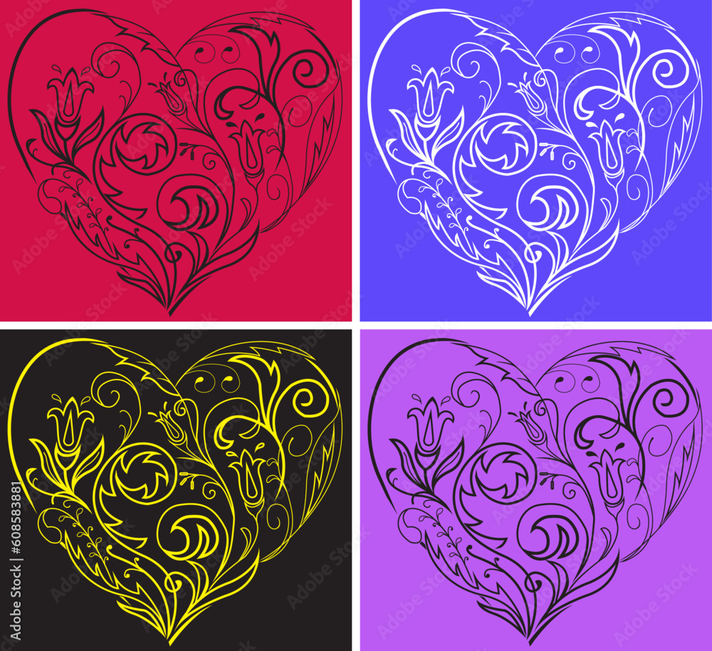 set of multi-colored filigree hearts on colorful backgrounds