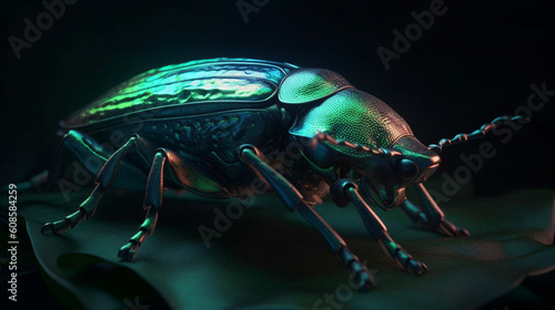 A green insect with a green face and red eyes.generative ai