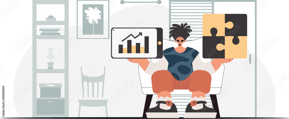The person is holding a trance and a positivegrade chart. Thought collect work. Trendy style, Vector Illustration The person is holding a trance and a positivegrade chart. Thought collect work. Trendy style, Vector Illustration