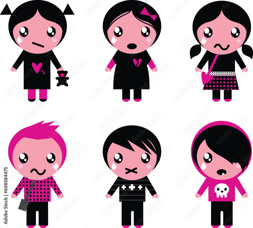 Six cute stylized teenegers in emo style. Vector retro Illustration. Six cute stylized teenegers in emo style. Vector retro Illustration.
