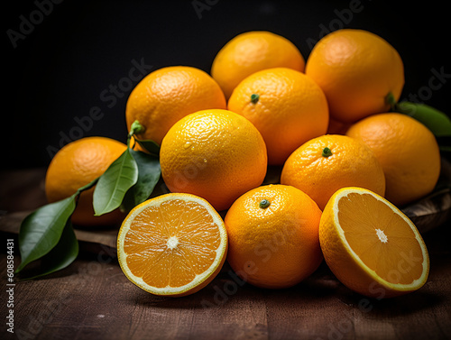 A vibrant pile of fresh oranges on a rustic wooden table.