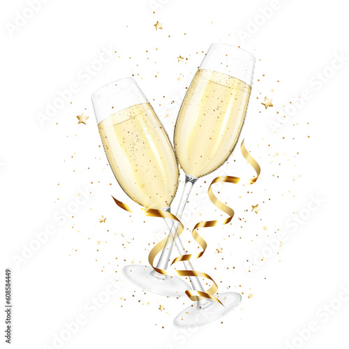 Set of Transparent realistic wine glasses of champagne, isolated on white background.