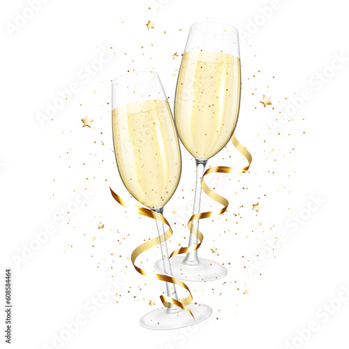 Set of Transparent realistic wine glasses of champagne, isolated on white background.