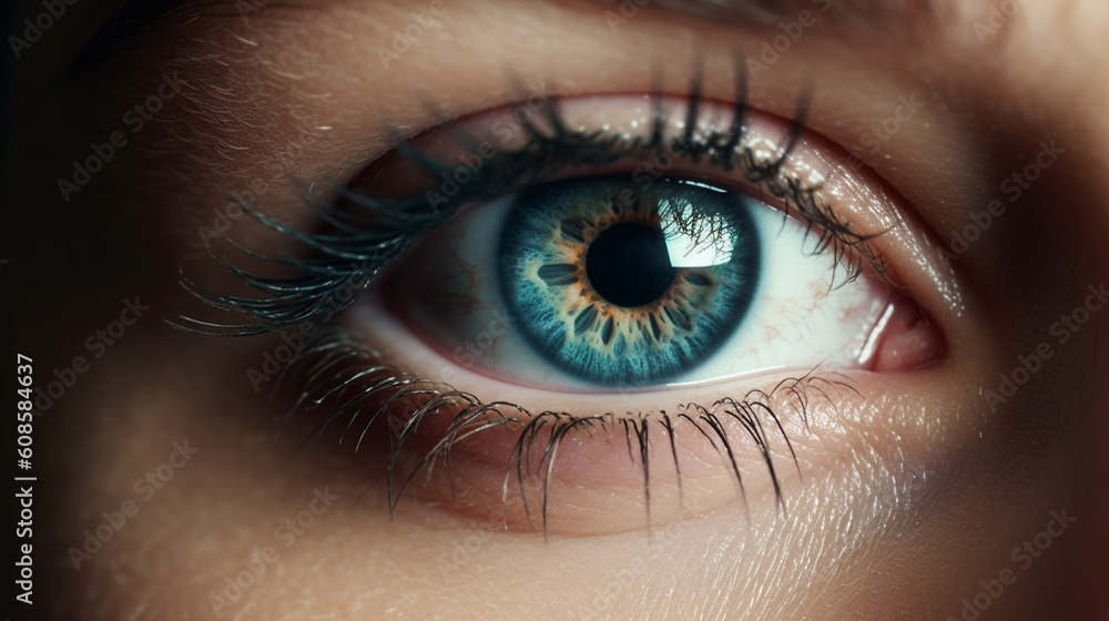 A close up of a blue eye with a tear on the eye.generative ai A close up of a blue eye with a tear on the eye.generative ai