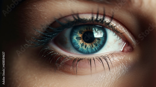 A close up of a blue eye with a tear on the eye.generative ai