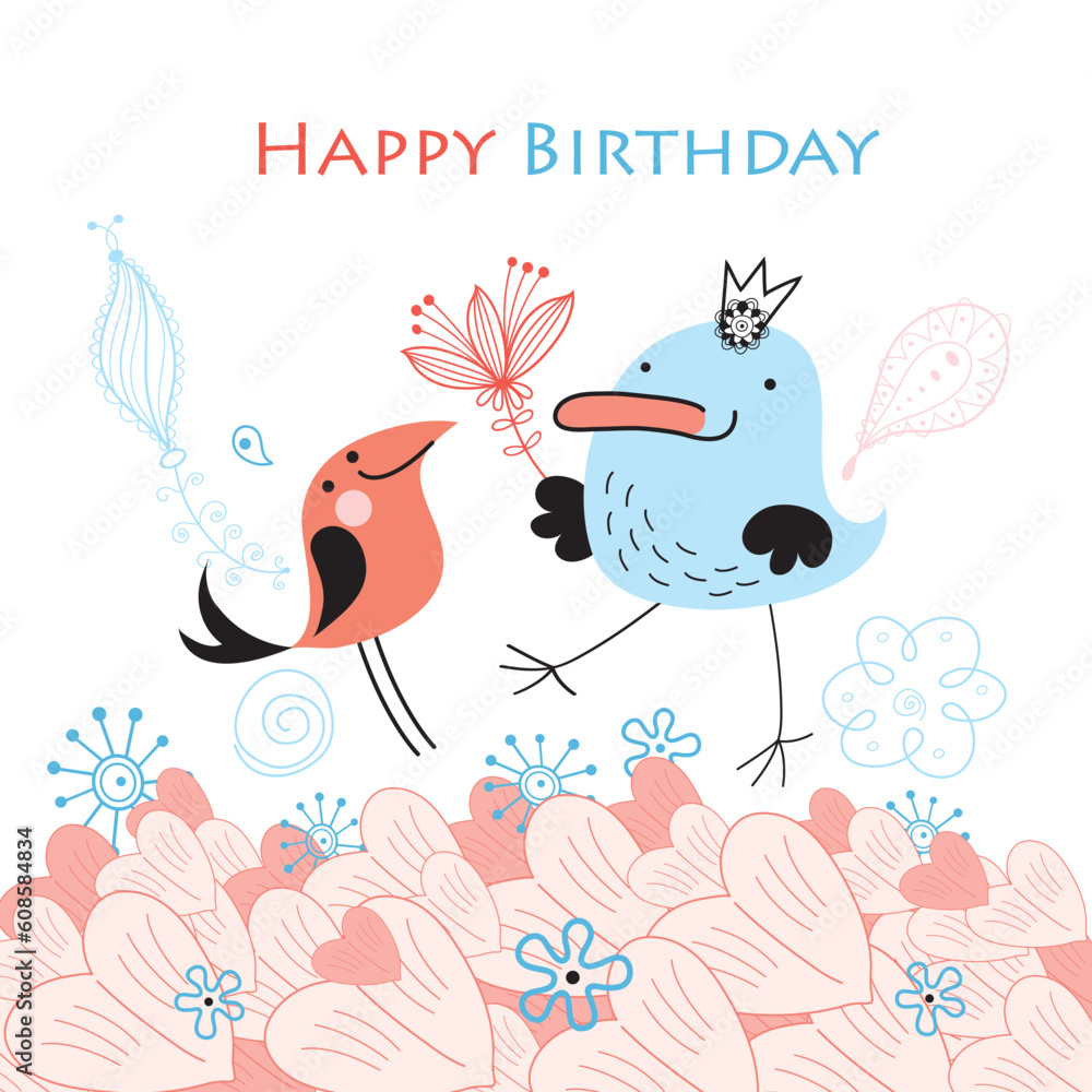 Greeting card with funny birds in the background with hearts Greeting card with funny birds in the background with hearts
