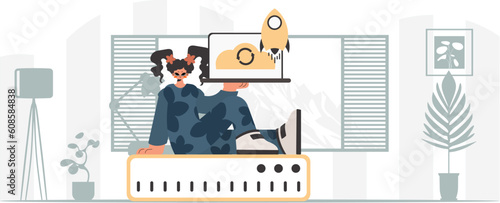 Synchronization and security of information capacity concept. The energized lady is holding a information cloud and a server. Trendy style, Vector Illustration