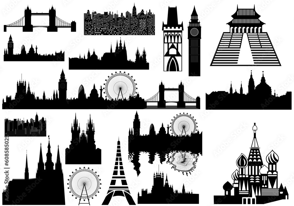 Various landmarks - London, Prague, Paris, Russia - Russian Orthodox cloister. This file is vector, can be scaled to any size without loss of quality.
