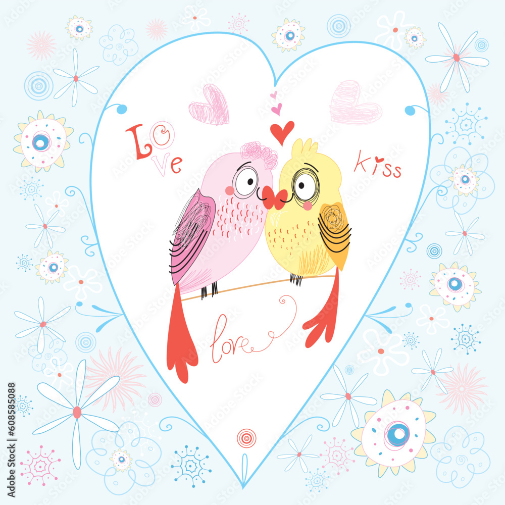 Parrots love the blue and white background with heart and flowers Parrots love the blue and white background with heart and flowers