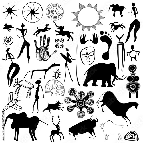 Various drawings - primitive art - cave paintings - vector. This file is vector, can be scaled to any size without loss of quality.