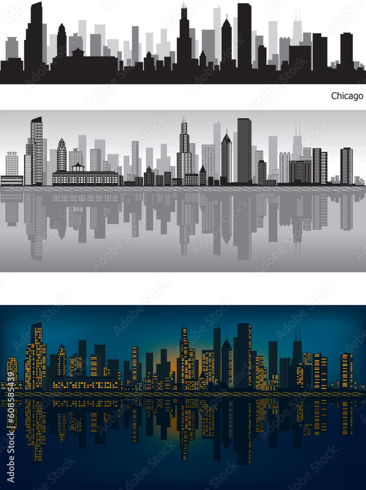 Chicago skyline illustration with reflection in water