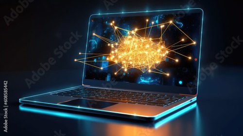 Cyber security internet, networking concept, cybersecurity. Abstract sparkle digital connection dots, lines, circuit wireless technology over laptop, modern smart city background. Generative AI