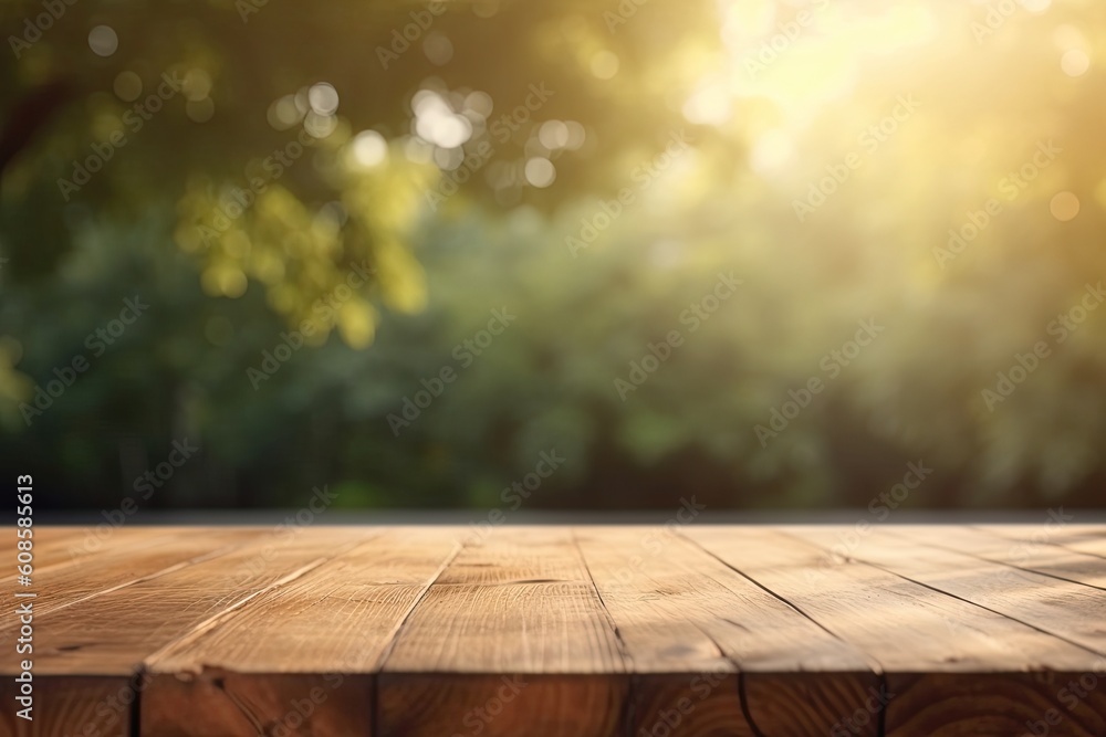 Wooden table in front of blurred autumn foliage background. Ready for product display montage Wooden table in front of blurred autumn foliage background. Ready for product display montage