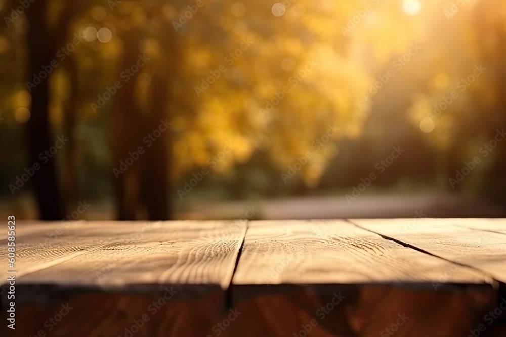 Wooden table in front of blurred autumn foliage background. Ready for product display montage Wooden table in front of blurred autumn foliage background. Ready for product display montage