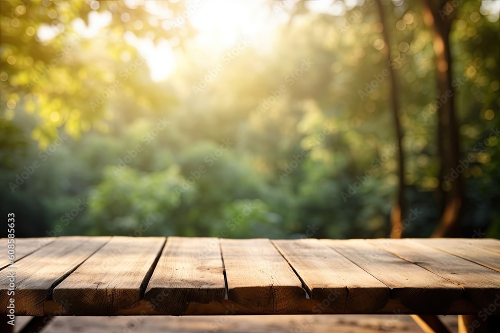 Wooden table in front of blurred autumn foliage background. Ready for product display montage Wooden table in front of blurred autumn foliage background. Ready for product display montage