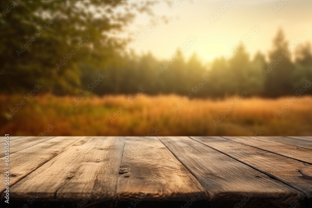 Wooden table in front of blurred autumn foliage background. Ready for product display montage