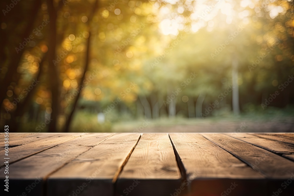 Wooden table in front of blurred autumn foliage background. Ready for product display montage