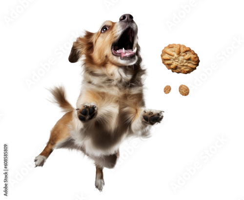 Energetic dog jumping & catching cookies in the air, isolated on transparent background, generative ai photo