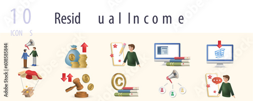 Residual income set. Creative icons: affiliate marketing, dividend income, content writer, online course, online store, drop ship, invest rate, intellectual property, referral marketing, blogger.