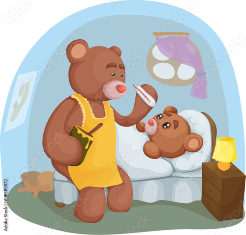 Sick teddy bear lying in bed  and sitting next to mom with a thermometer. Vector illustration.