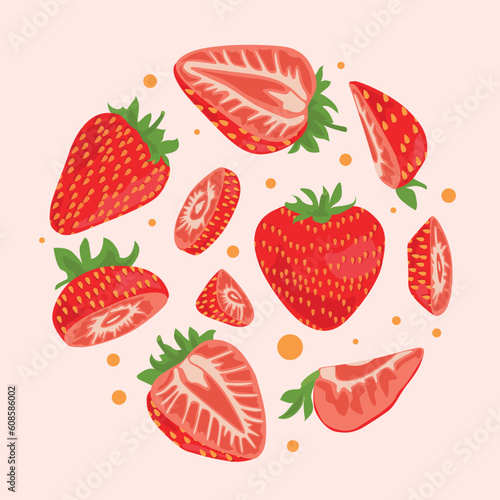 Fototapeta Naklejka Na Ścianę i Meble -  Strawberries in a round frame. Fruits whole and cut into slices. Vector illustration. Suitable for print, social media and backdrops.