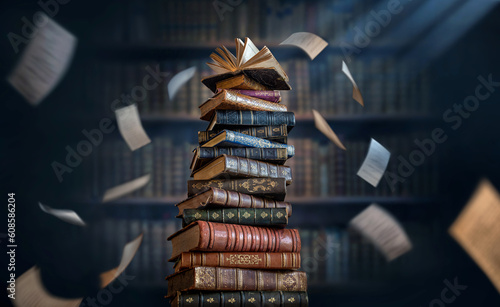 A stack of old books and flying book pages against the background of the shelves in the library. Ancient books historical background. Retro style. Conceptual background on history, education, topics.