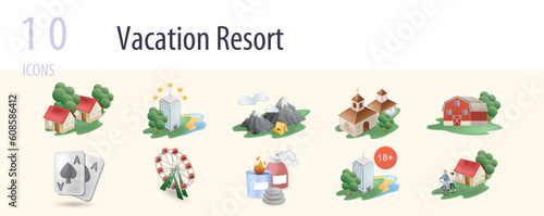 Vacation resort set. Creative icons: recreation resort, all-inclusive resort, ecotourism, ranches, casino, amusement park, spa resort, adult only resort, family-focused resort.