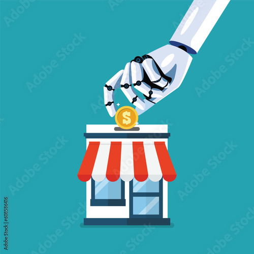 Robot hand collect the money in shop store