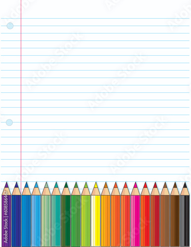 A background of a typical loose leaf, school notebook page, with a bank of colored pencils across the bottom of the page.