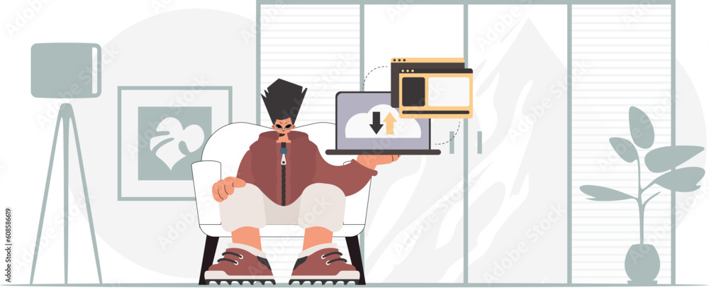 The person is holding a tablet, which is synchronized with the information capacity. Trendy style, Vector Illustration The person is holding a tablet, which is synchronized with the information capacity. Trendy style, Vector Illustration